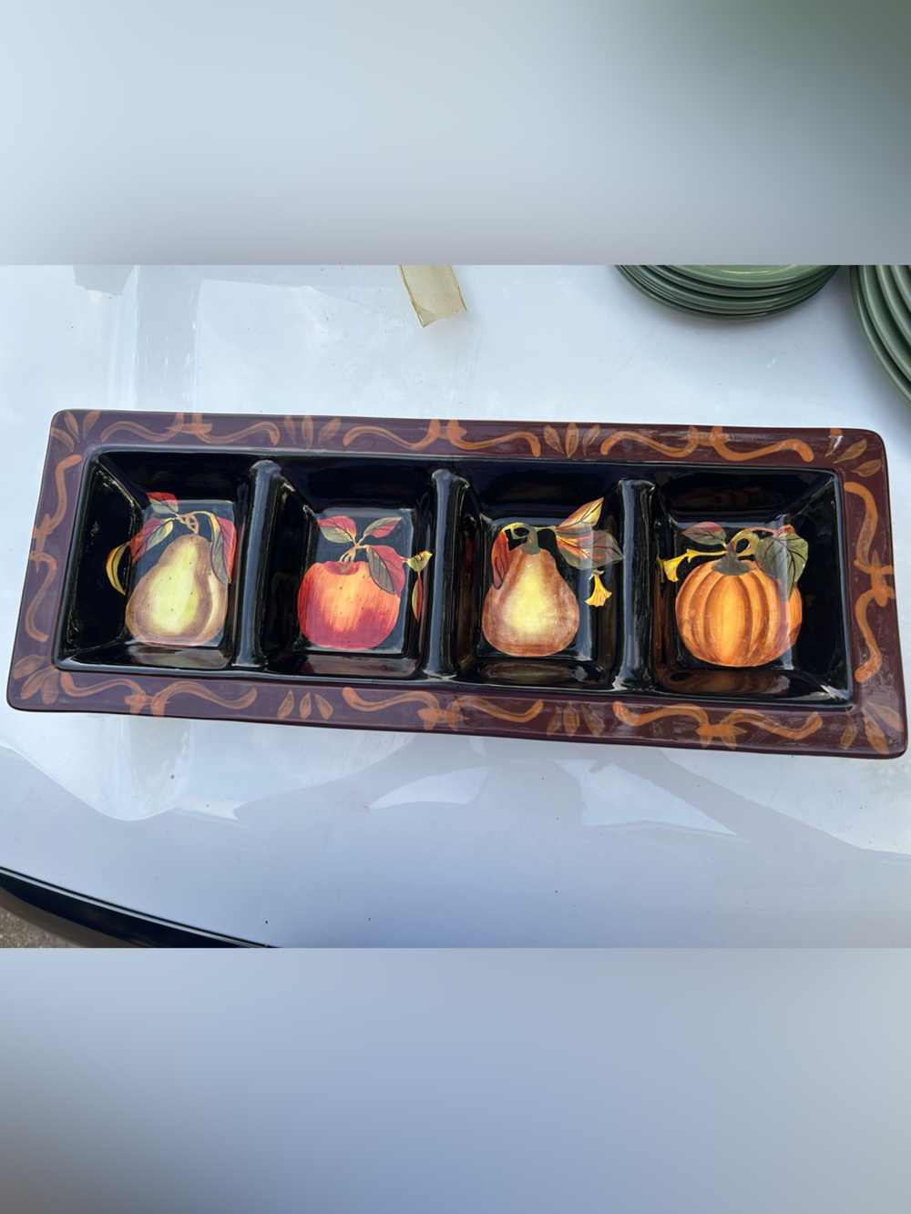 Certified International Becca Barton 4-section relish tray fall fruit motif